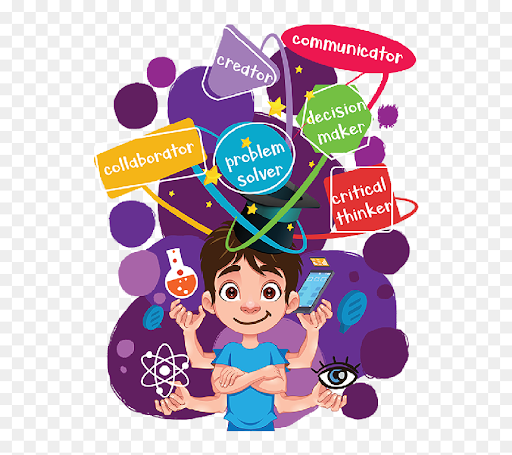 A boy with multiple hands holding a science flask and technology tools, surrounded by words like critical thinking, communicator, and collaborator, symbolizing diverse skills and innovation.